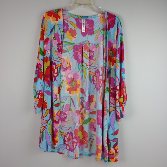 Dear Scarlett Sweaters - Dear Scarlett Womens L Blue Pink Roll Tab Sleeve Open Front Lizcardi Cardigan